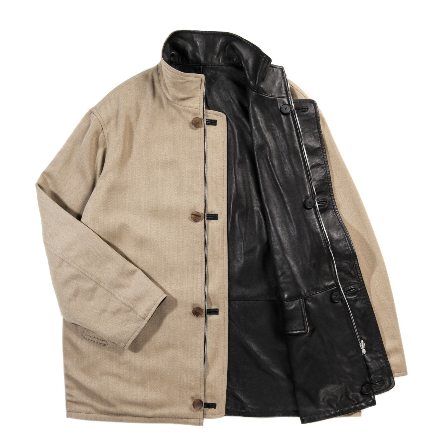 AURALEE REVERSIBLE WOOL TWISTED TWILL SHEEP LEATHER HALF COAT KHAKI BEIGE CHAMBRAY X BLACK