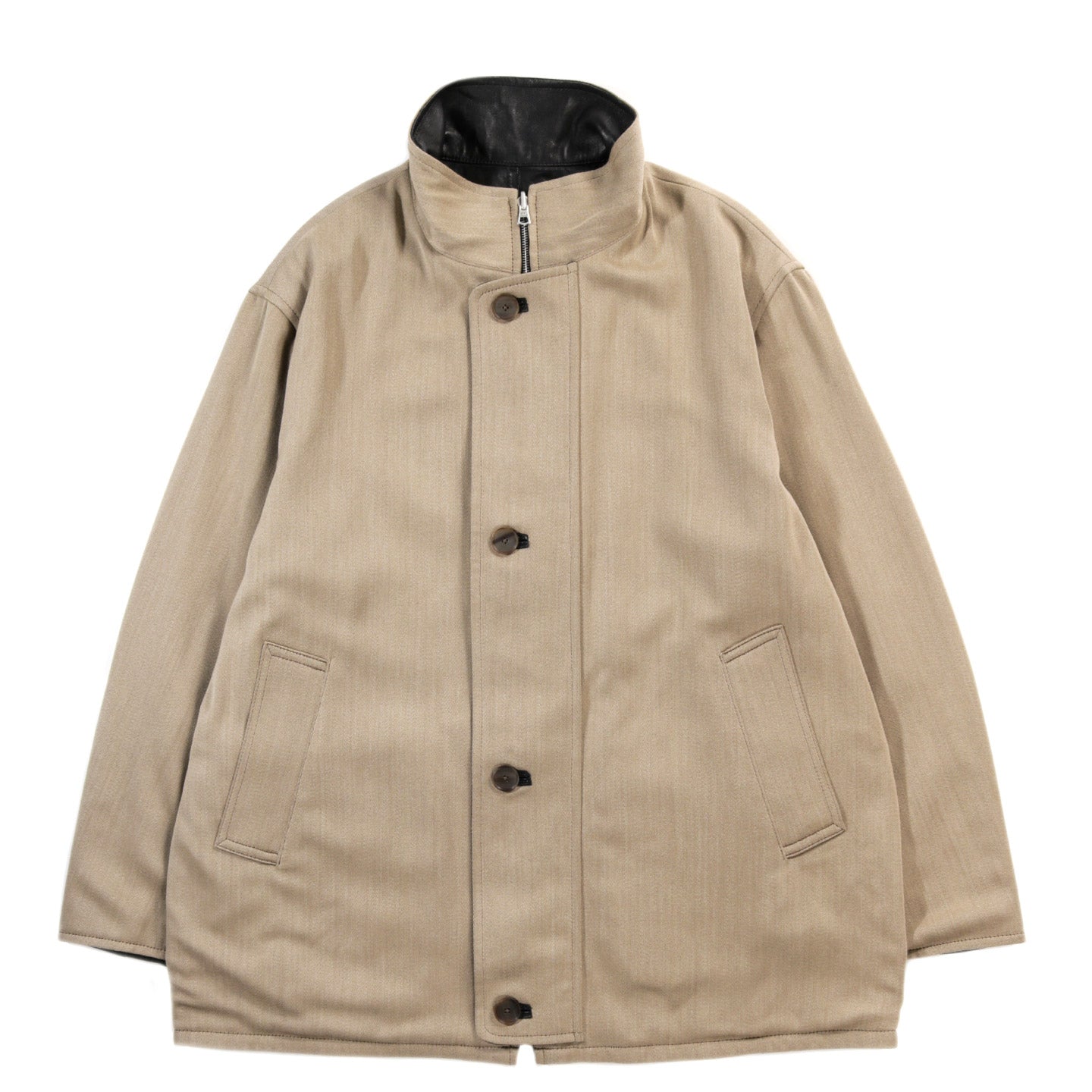 AURALEE REVERSIBLE WOOL TWISTED TWILL SHEEP LEATHER HALF COAT KHAKI BEIGE CHAMBRAY X BLACK