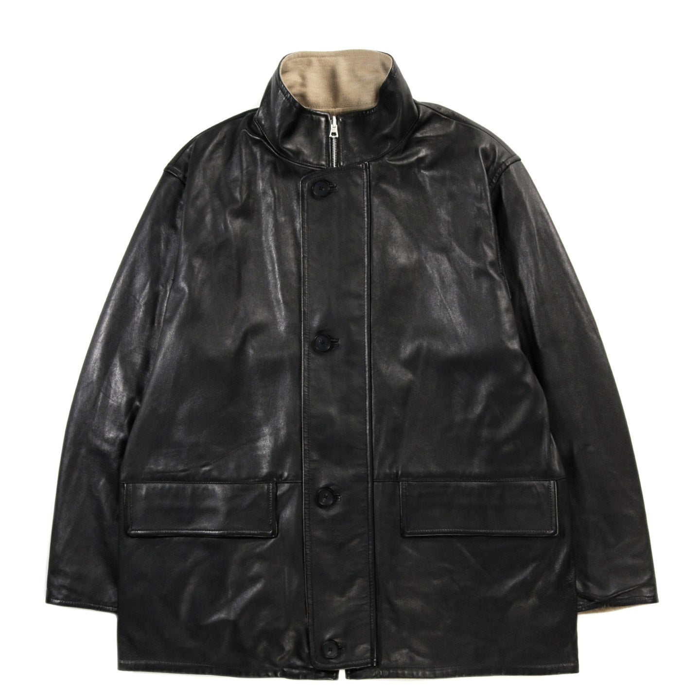 AURALEE REVERSIBLE WOOL TWISTED TWILL SHEEP LEATHER HALF COAT KHAKI BEIGE CHAMBRAY X BLACK