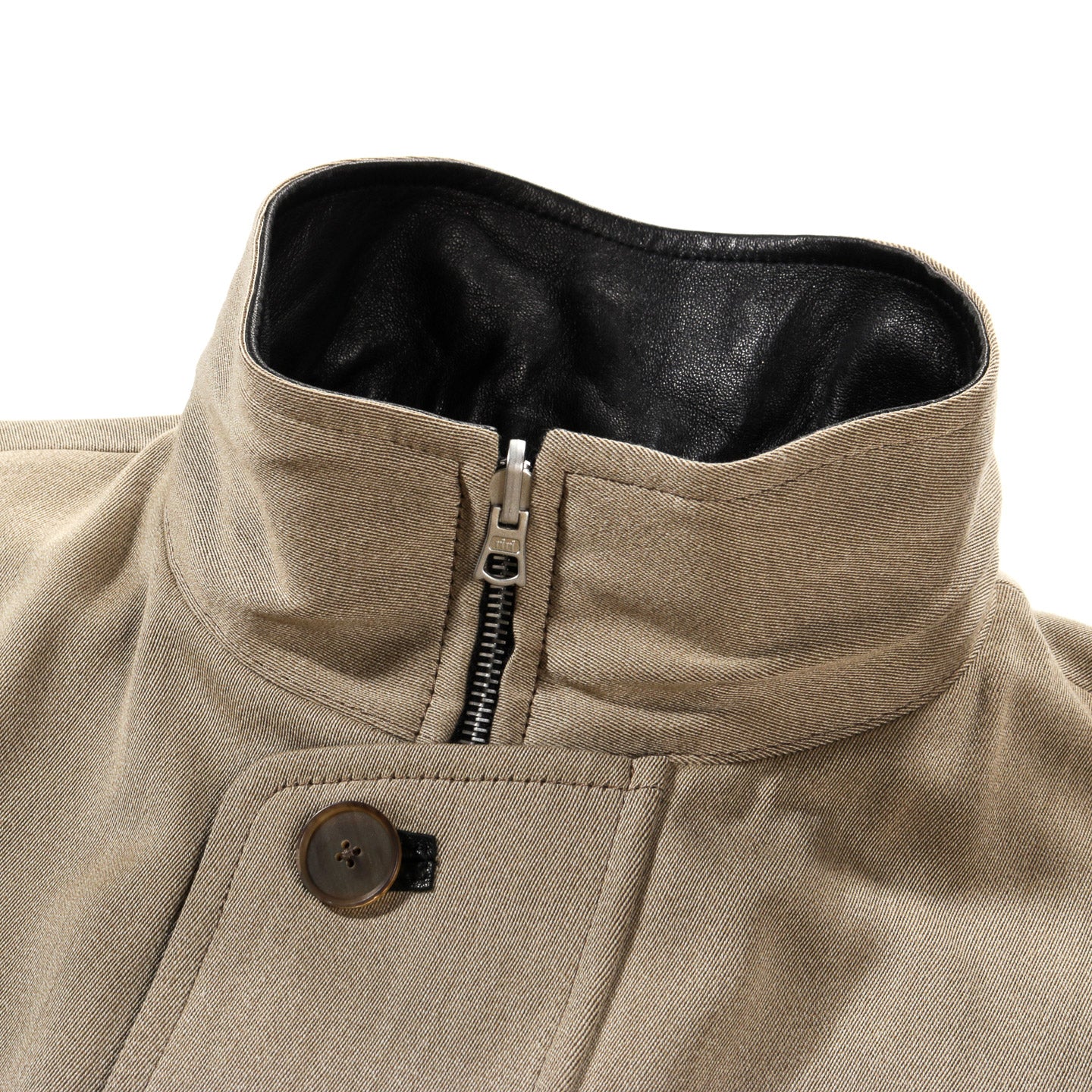 AURALEE REVERSIBLE WOOL TWISTED TWILL SHEEP LEATHER HALF COAT KHAKI BEIGE CHAMBRAY X BLACK