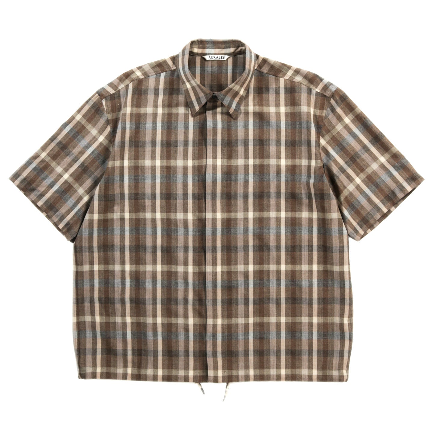 AURALEE SUPER FINE TROPICAL WOOL CHECK HALF-SLEEVED SHIRT TOP BROWN CHECK