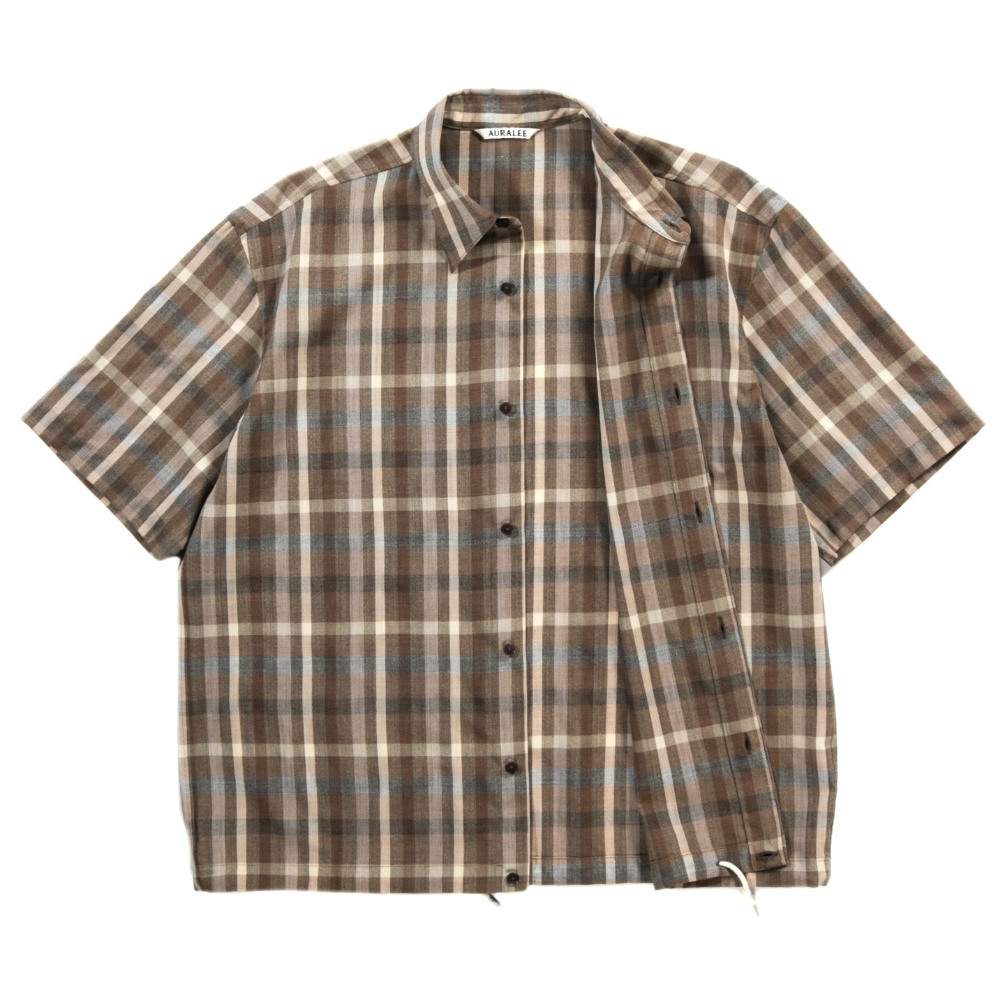AURALEE SUPER FINE TROPICAL WOOL CHECK HALF-SLEEVED SHIRT TOP BROWN CHECK