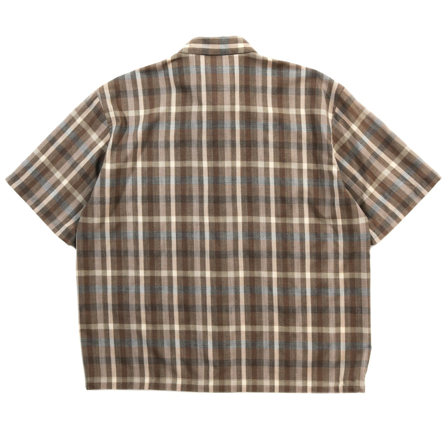 AURALEE SUPER FINE TROPICAL WOOL CHECK HALF-SLEEVED SHIRT TOP BROWN CHECK
