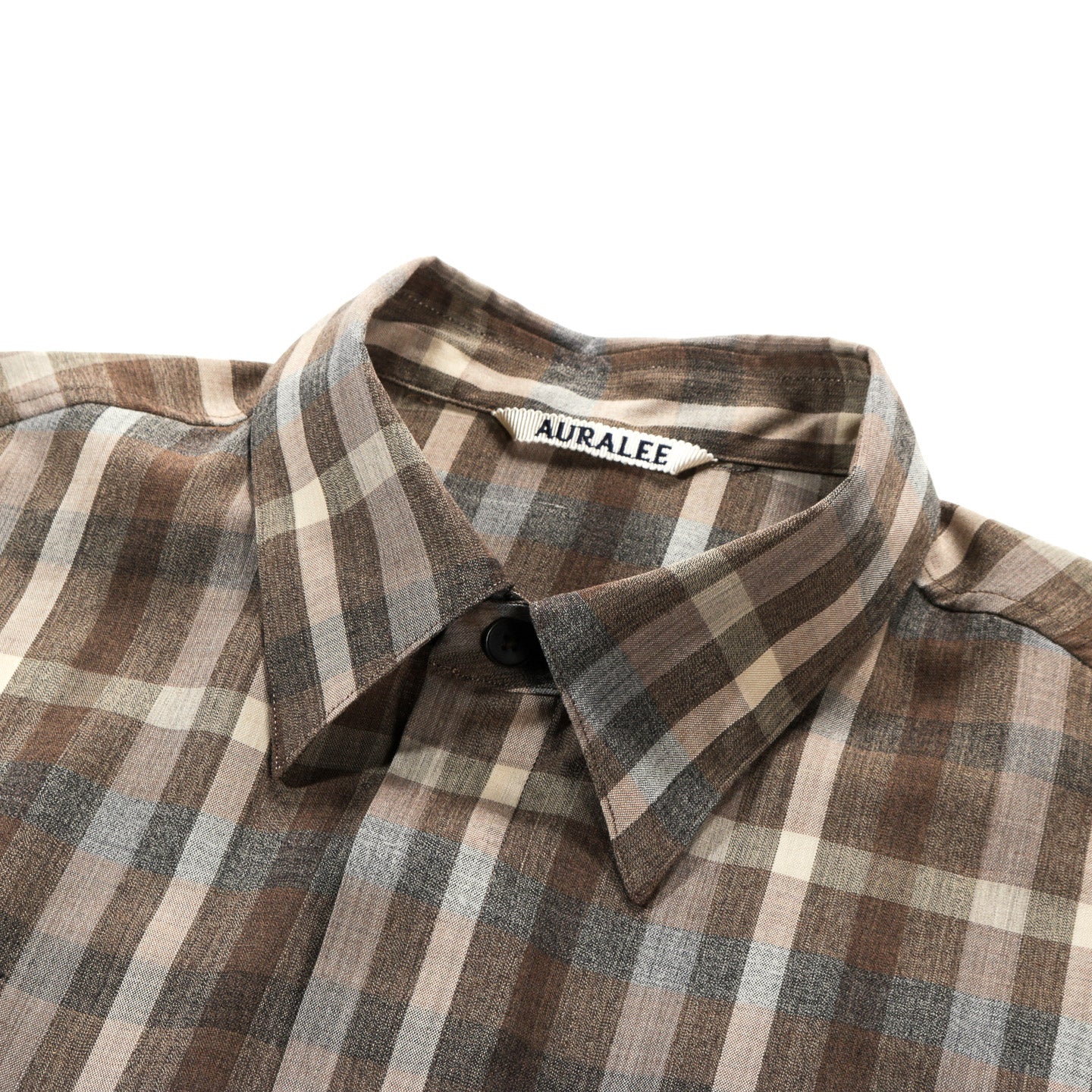 AURALEE SUPER FINE TROPICAL WOOL CHECK HALF-SLEEVED SHIRT TOP BROWN CHECK