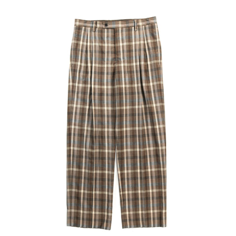 AURALEE SUPER FINE TROPICAL WOOL CHECK TWO-TUCK SLACKS TOP BROWN CHECK