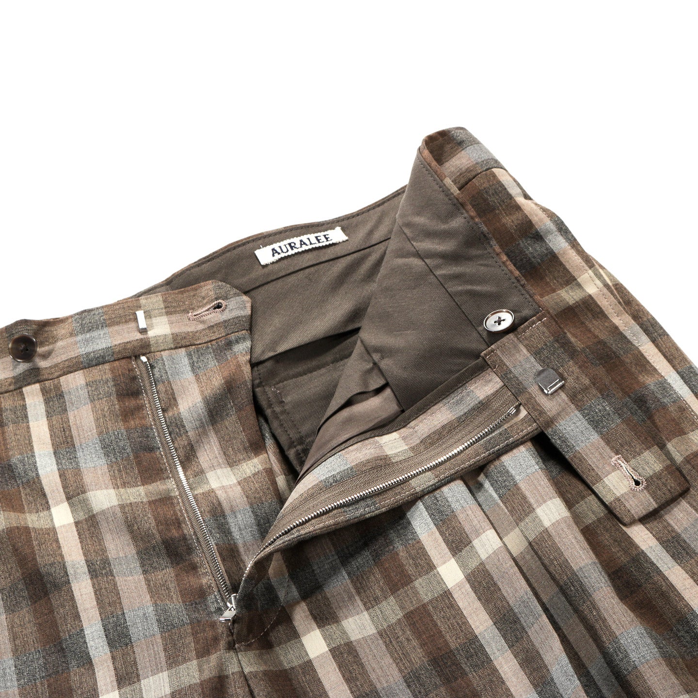 AURALEE SUPER FINE TROPICAL WOOL CHECK TWO-TUCK SLACKS TOP BROWN CHECK