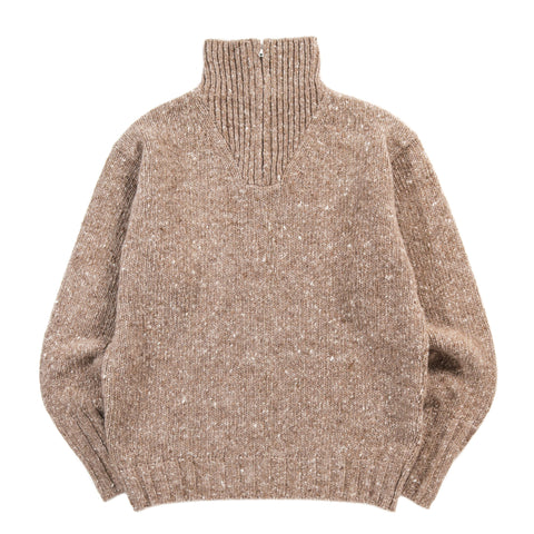 AURALEE LOW GAUGE HOMESPUN TWEED KNIT ZIP TURTLE TOP BROWN