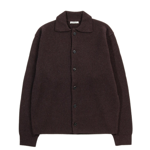 AURALEE SUPER FINE WOOL RIB KNIT SHIRT CARDIGAN TOP BROWN