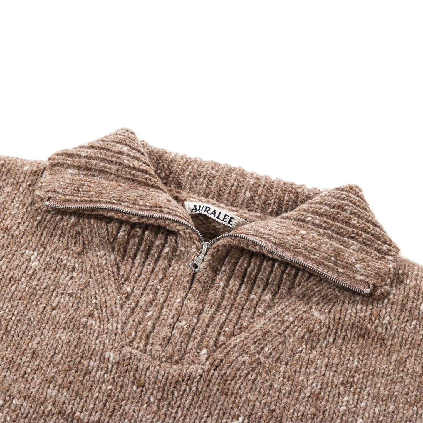 AURALEE LOW GAUGE HOMESPUN TWEED KNIT ZIP TURTLE TOP BROWN