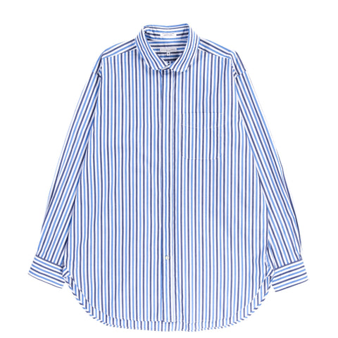 ENGINEERED GARMENTS ROUNDED COLLAR SHIRT NAVY / BLUE PIMA WIDE STRIPE