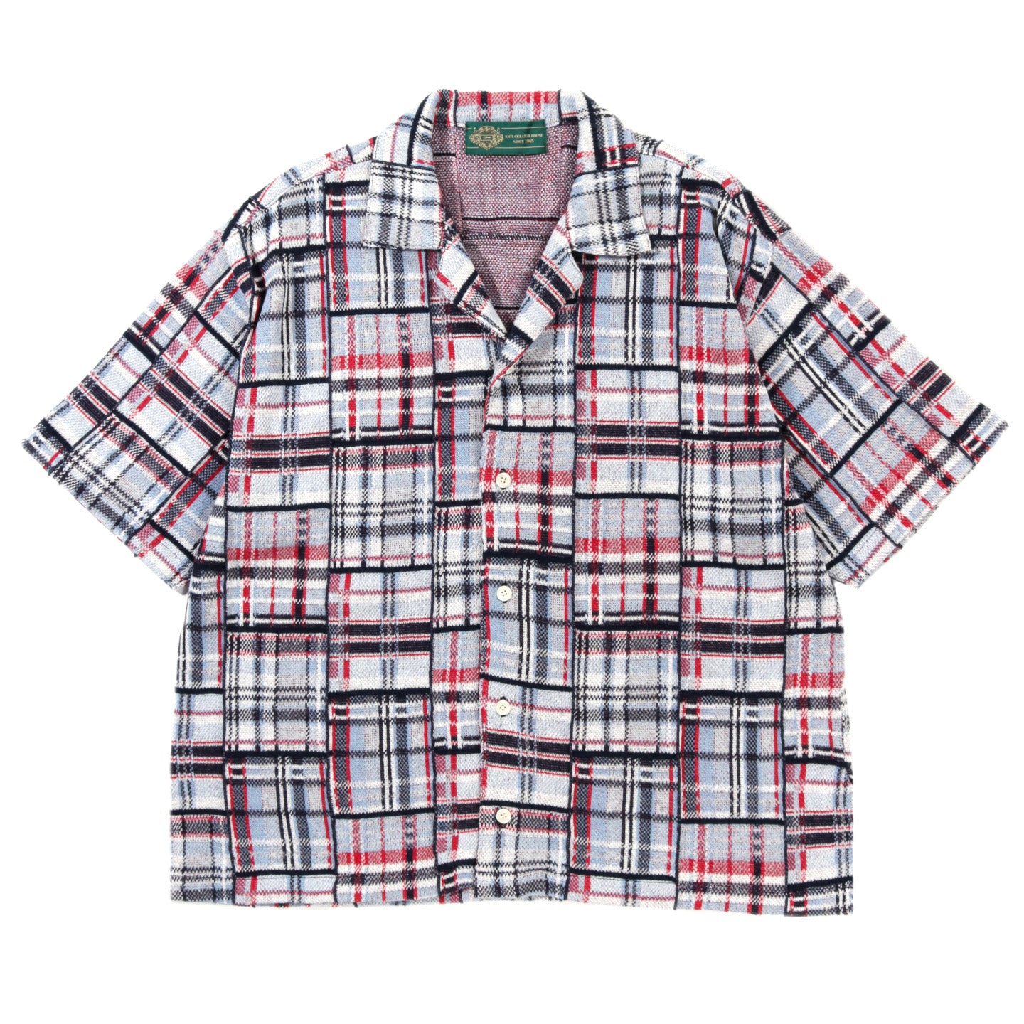 GIM CONTEXT KNITTED PATCHWORK OPEN COLLAR SHIRT BLUE