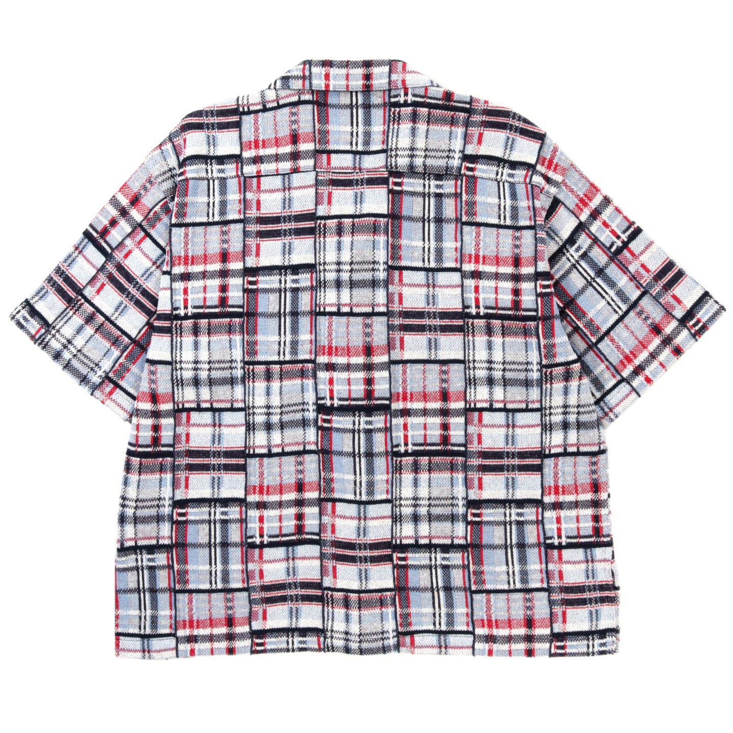 GIM CONTEXT KNITTED PATCHWORK OPEN COLLAR SHIRT BLUE