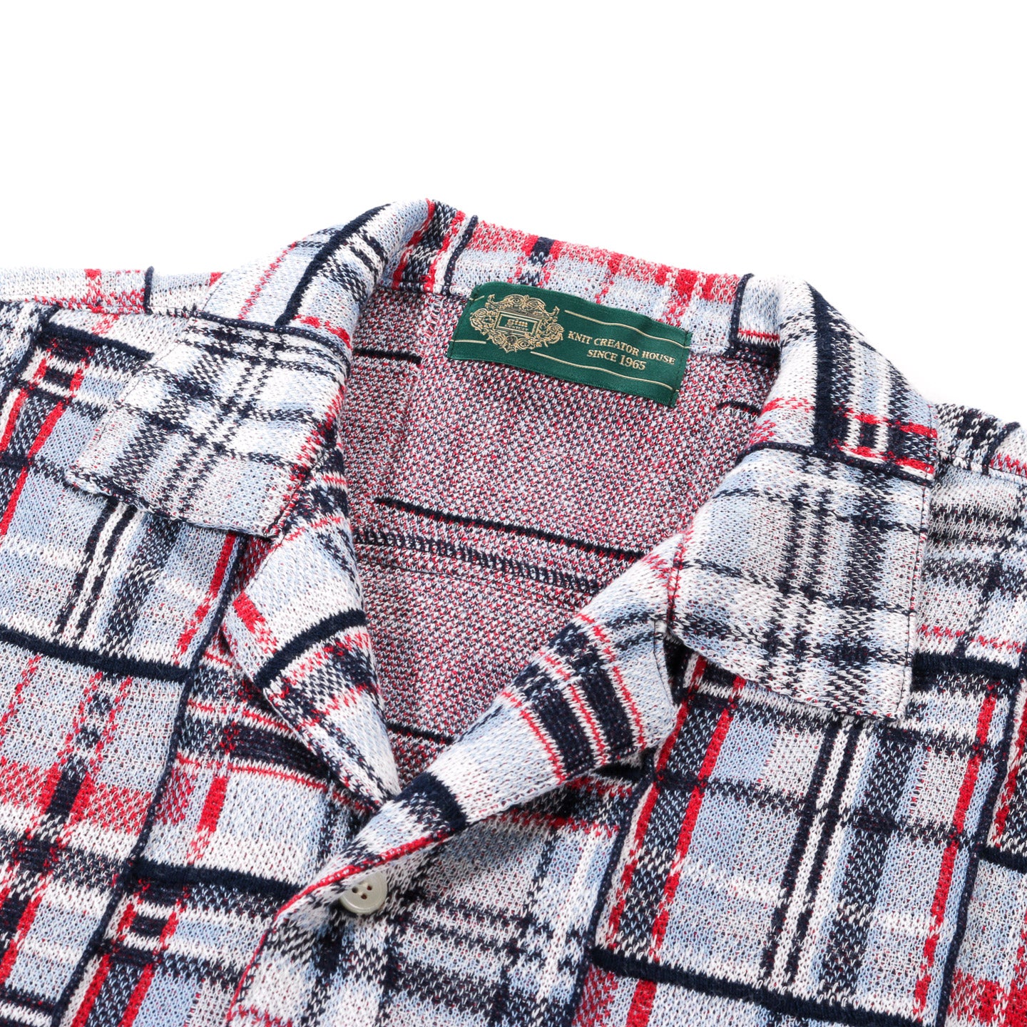 GIM CONTEXT KNITTED PATCHWORK OPEN COLLAR SHIRT BLUE