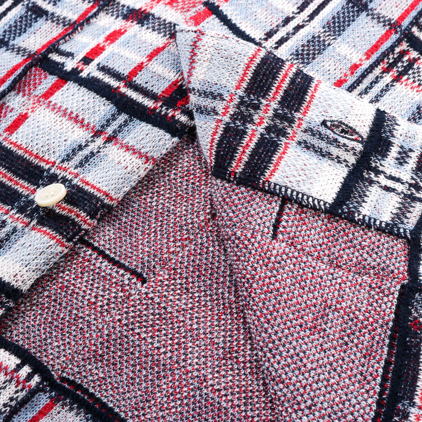 GIM CONTEXT KNITTED PATCHWORK OPEN COLLAR SHIRT BLUE