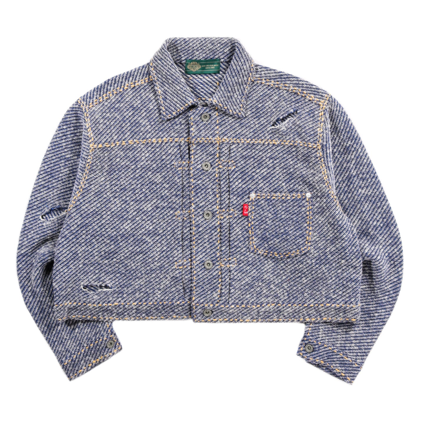 GIM CONTEXT HAND-STITCHED DAMAGED DENIM KNT JACKET BLUE