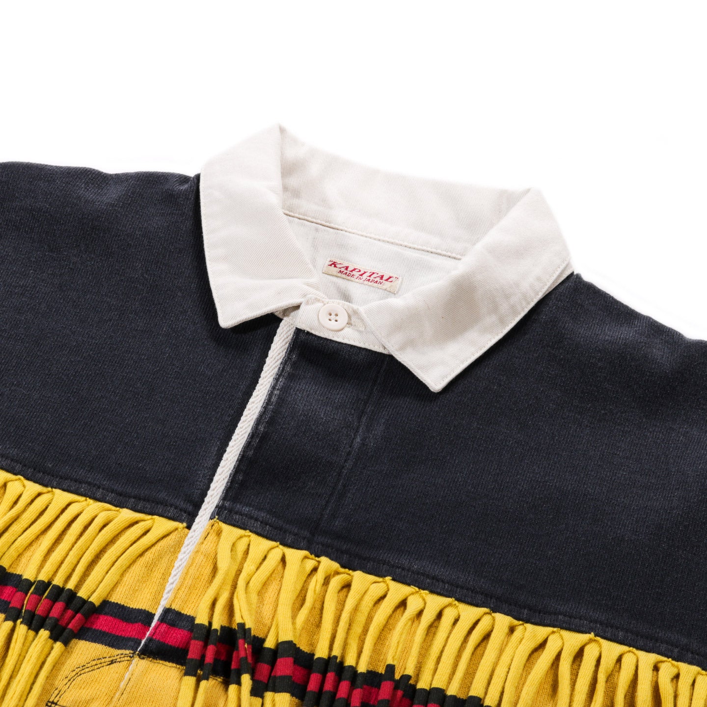 KAPITAL PANEL STRIPE JERSEY FRINGED RUGBY SHIRT BLACK