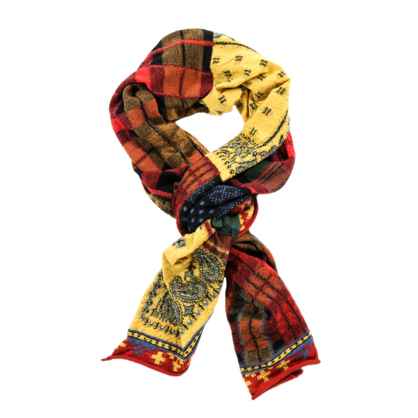 KAPITAL COMPRESSED WOOL SCARF TARTAN CHECK BANDANA PATCH YELLOW