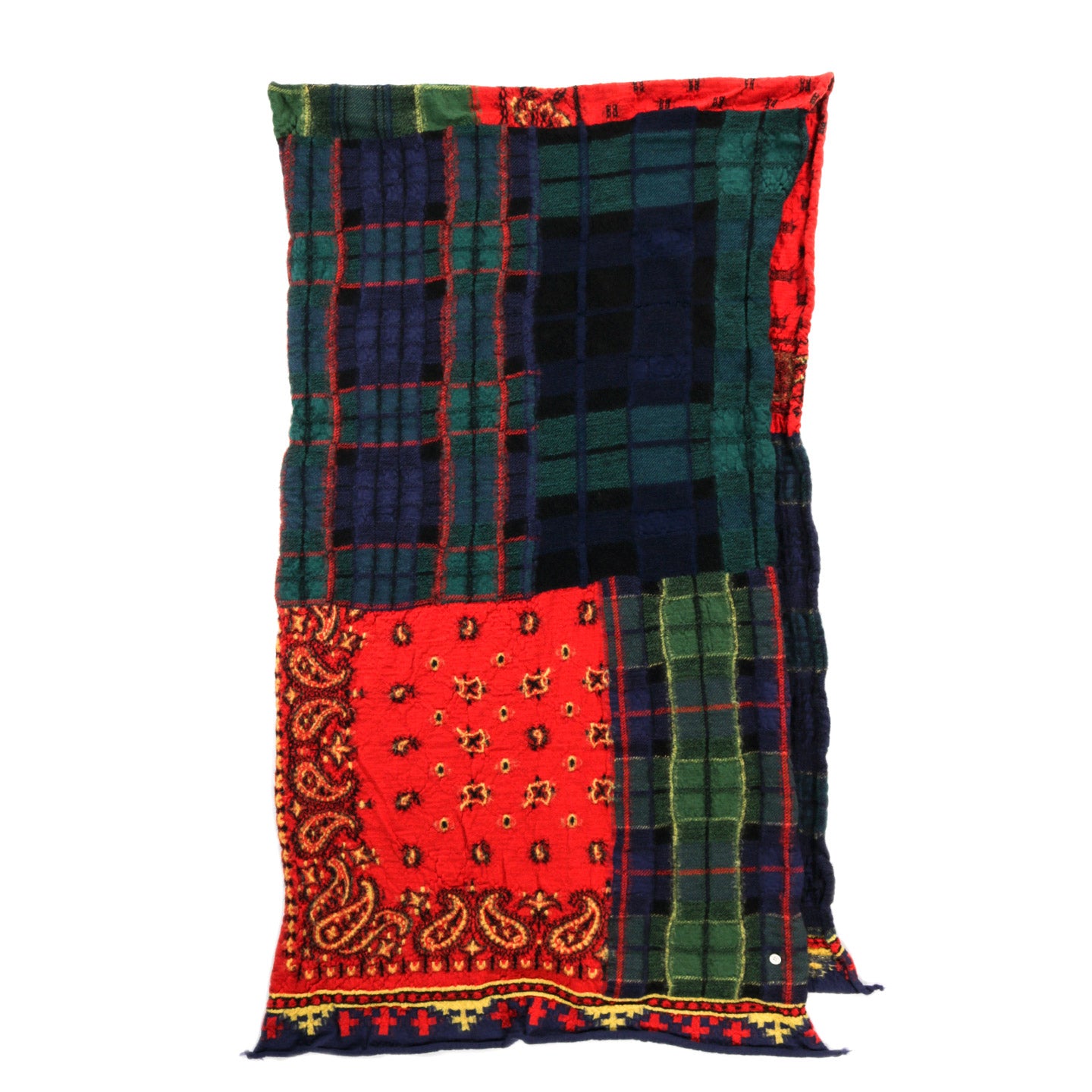 KAPITAL COMPRESSED WOOL SCARF TARTAN CHECK BANDANA PATCH RED