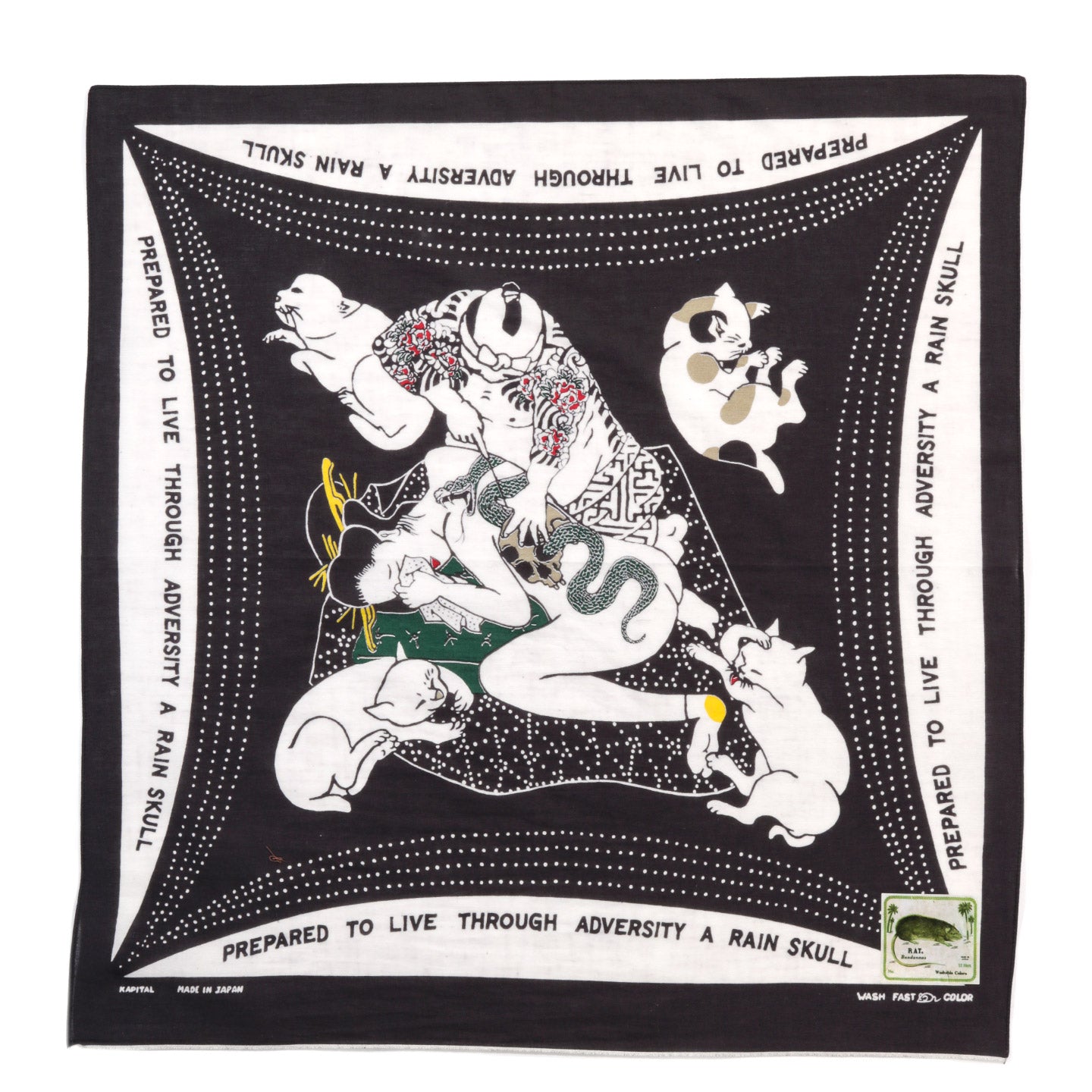 KAPITAL FASTCOLOR SELVEDGE BANDANA RAINSKULL NO WOMAN NO CRY BLACK