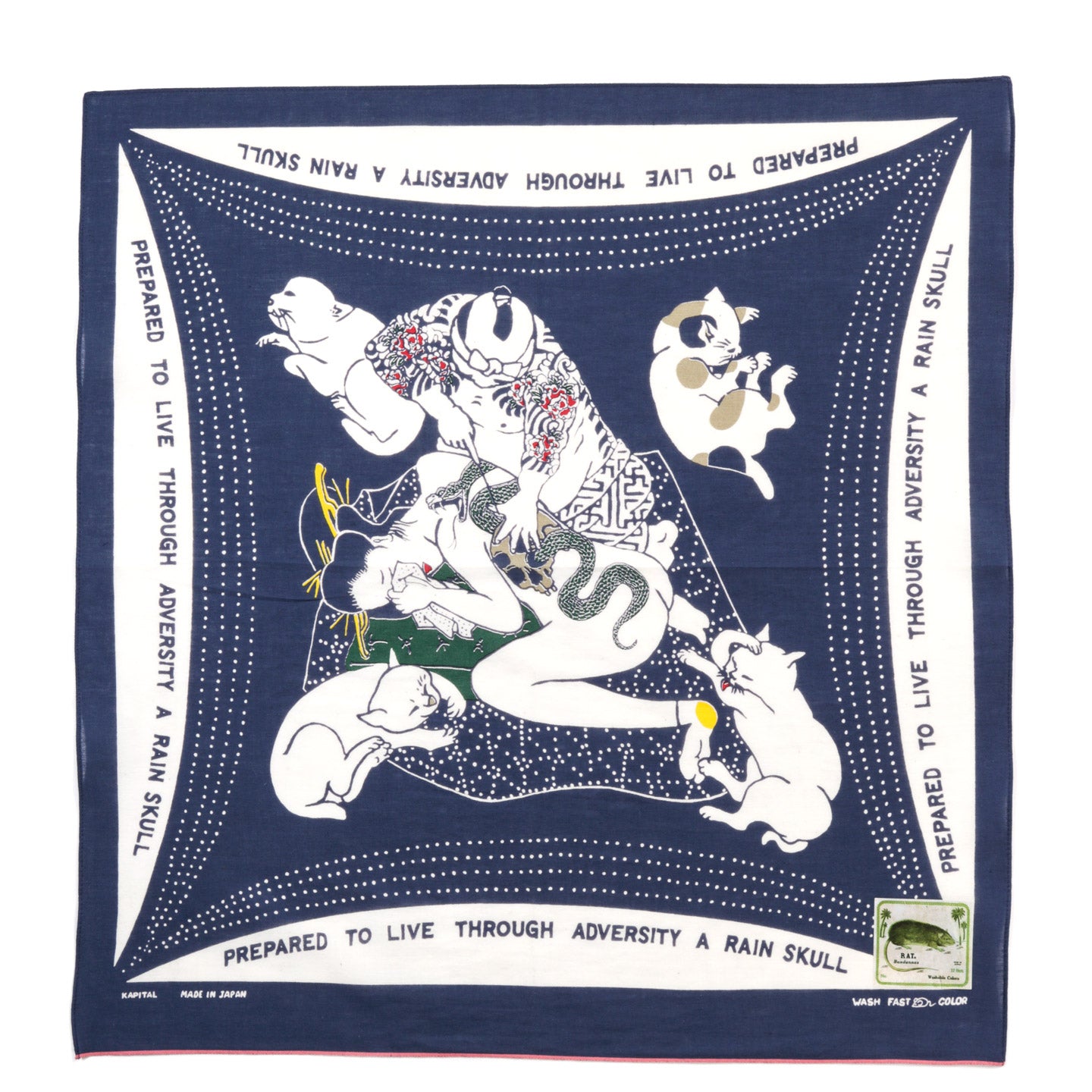 KAPITAL FASTCOLOR SELVEDGE BANDANA RAINSKULL NO WOMAN NO CRY NAVY