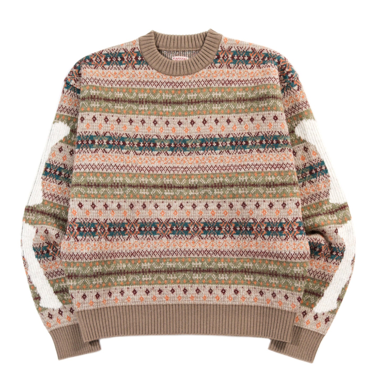 KAPITAL 7G WOOL FAIR ISLE BONE CREW SWEATER ORANGE