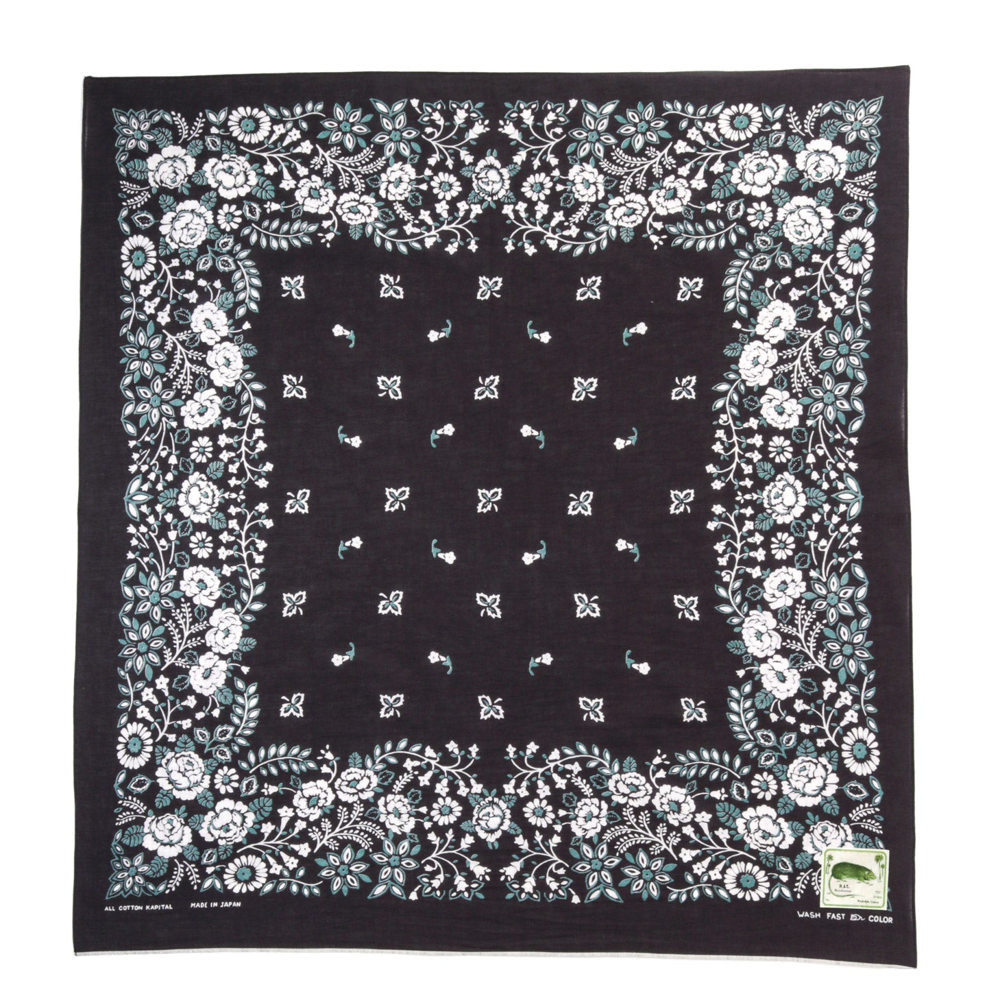 KAPITAL FASTCOLOR SELVEDGE BANDANA CHURCHILL GARDEN 30X30 BLACK
