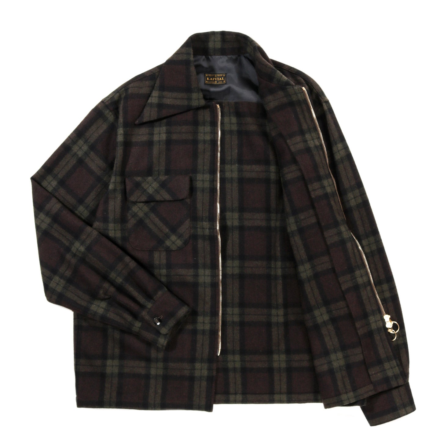 KAPITAL WOOL CHECK DRIZZLE OPEN COLLAR SHIRT KHAKI