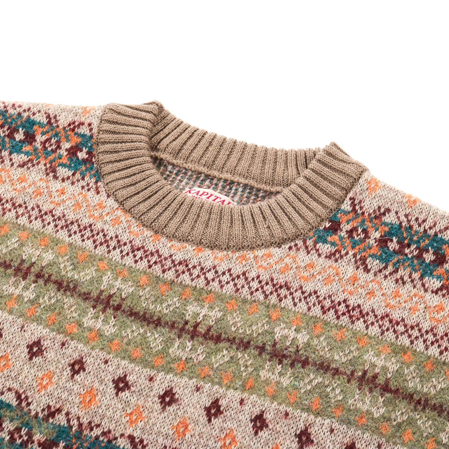 KAPITAL 7G WOOL FAIR ISLE BONE CREW SWEATER ORANGE
