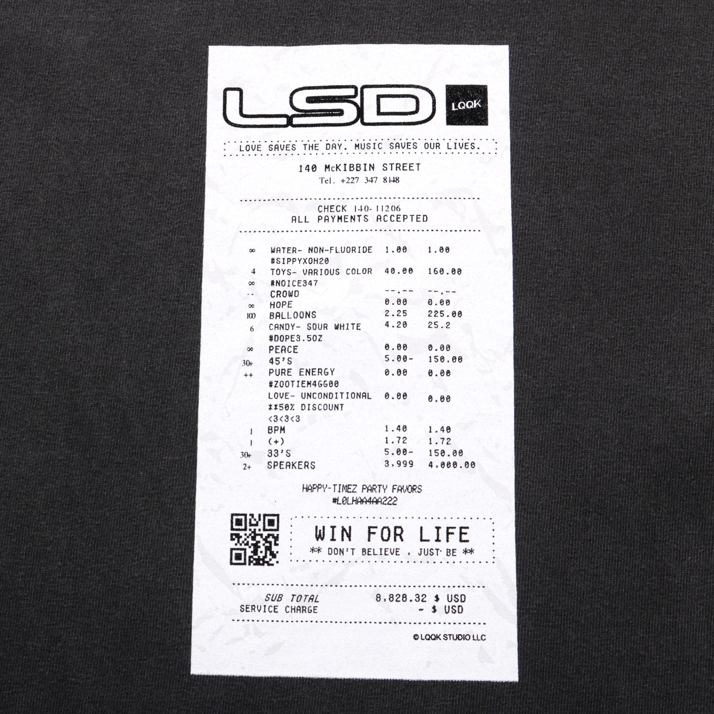 LQQK STUDIO PARTY RECEIPT TEE WASHED BLACK