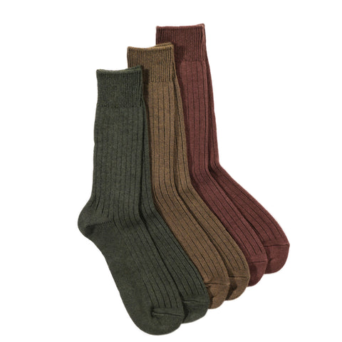 ROTOTO COTTON WOOL RIBBED CREW 3-PACK SOCKS OLIVE TONES